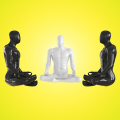 Two black male mannequins and one white mannequins sit in a lotus position on a yellow background. 3d rendering