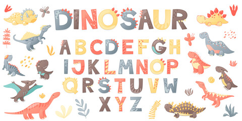 Cartoon cute Dinosaur alphabet. Dino font with letters . Children Vector illustration for t-shirts, cards, posters, birthday party events, paper design, kids and nursery design