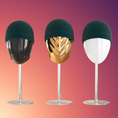 Three male heads of different colors on stands and in identical turquoise hats on a purple pink background. Front view. 3d rendering