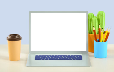 3D illustration of cartoon office workplace with open laptop, blank display, modern desk, cozy pencil cup, coffee cup and cactus. Empty web interface, white computer screen.
