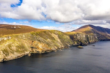 Aerial view of the beautiful coast at Malin Beg with Slieve League in the background in County...