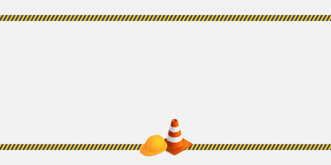 Vector background with orange plastic traffic cones, construction helmet, safety tape and copyspace. Under construction template on light gray background. Vector illustration.