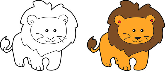 Lion vector drawing cartoon coloring for children line art and colored