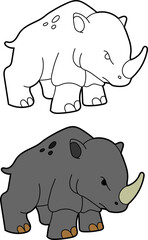 Rhinoceros vector drawing cartoon coloring for children line art and colored