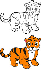 Tiger vector drawing cartoon coloring for children line art and colored