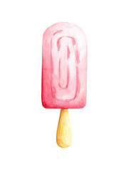 Watercolor pink ice cream illustration isolated on white background. Strawberry ice-cream clip art. Sweet dessert food design element.