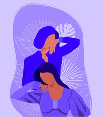 Fashion flat illustration of two girls in blue colours.