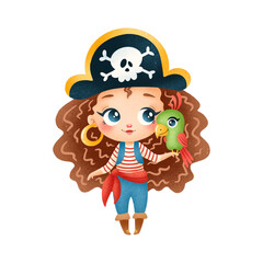 Cute cartoon pirate girl isolated on white background