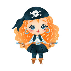 Cute cartoon pirate girl isolated on white background