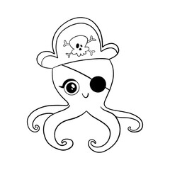 Doodle style pirate octopus isolated on white background. Animal pirates coloring page