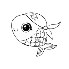 Doodle style pirate fish isolated on white background. Animal pirates coloring page