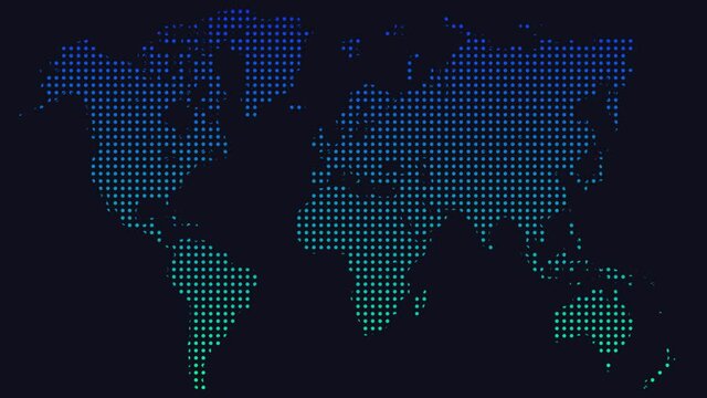 World map in cold gradient on transparent background. The map appears and disappears on the alpha channel.