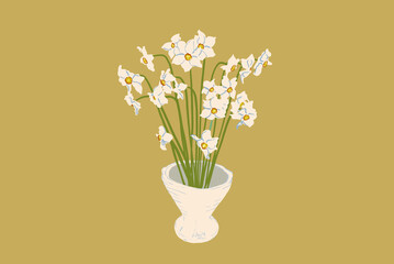 A bouquet of white daffodils in white vase based on kenzan technics. Vector illustration in flat style. Spring mood concept. 