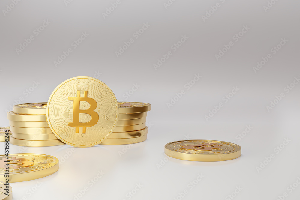 Poster bitcoin coins with 'bitcoin digital decentralized peer to peer' text slogan and symbol. 3d bitcoin i