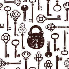 Keys vintage seamless pattern, old keys vector background