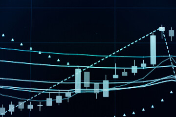 Charts of stock market instruments with various type of indicators and volume analysis for professional technical analysis on the monitor of a computer. Fundamental and technical analysis concept.