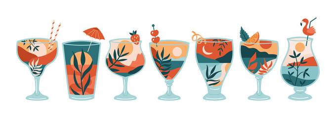 Boho summer cocktail set. Abstract landscape background in cocktail glasses. Summer template for poster, banner or greeting card design