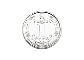 1 hryvnia coin close-up on a white isolated background. Ukrainian coins. Close-up.