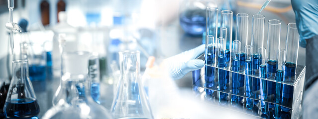 banner of medical laboratory science research from doctor, medicine health for hospital and clinic, scientific chemistry analysis technology for health care test with biotechnology equipment tool