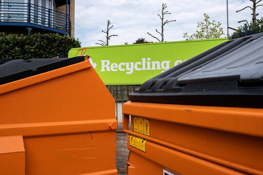 Public Waste Orange Recycling Bins Or Cantainers With No People