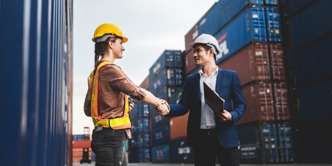 worker teamwork and partner of foreman, engineer, and businessman working in an international...