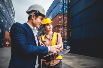 worker teamwork and partner of foreman, engineer, and businessman working in an international shipping area, concept of business industrial and working in container yard.