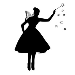 Fairy vector stock illustration. Beautiful fairy silhouette. A sorceress with wings and a magic wand. Isolated on a white background. 