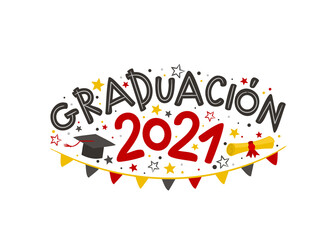 Spanish Doodle Logo for the 2021 graduate with a masters cap, rolled scroll, flags and stars. Vector illustration for badge or emblem. Isolated on white background