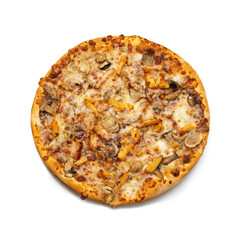 Round pizza with cheese, chicken, bacon and mushrooms isolated on a white background.