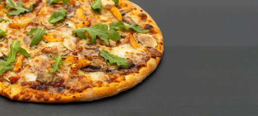 Concept for advertising banner or poster for a pizzeria restaurant. Round pizza with cheese, chicken, mushrooms and arugula and spinach on a gray background. Copy space for your text.