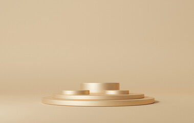 Gold color 3D background with scene geometric shapes, pedestal on two floors, the back is a circle wall shape, gradient from small to large, the platform for product presentation minimal, copy space