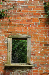 old red brick wall with wooden window