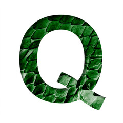 Dragon skin font. The letter Q cut out of paper on the background of the dark green skin of a...