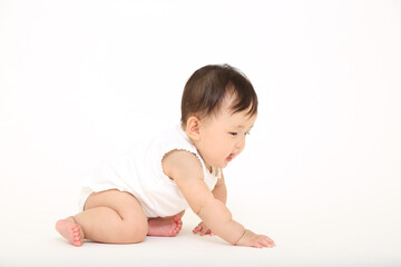 白背景でハイハイする女の子の赤ちゃん。元気,健康,成長,育児イメージ