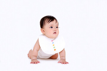 白背景でハイハイする女の子の赤ちゃん。元気,健康,成長,育児イメージ