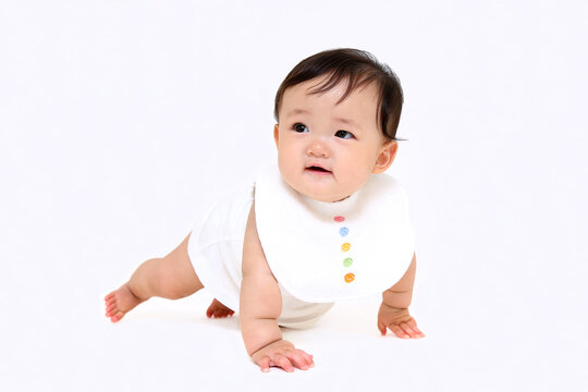白背景でハイハイする女の子の赤ちゃん。元気,健康,成長,育児イメージ