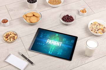 Tablet Pc with fruits, medical concept