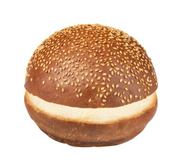 appetizing, toasted bun with sesame seeds, cut in half, isolated on white. Entire image in sharpness.