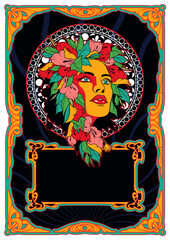 Beauty Woman and Floral Wreath, Psychedelic Color Art Nouveau Style Frame, 1960s Posters Stylization 