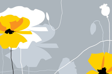 Yellow and white poppy flowers on grey background. Abstract floral art. Poppy silhouette. Simple flat design.