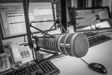 Fototapeta na wymiar Professional microphone in radio station studio