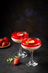 Italian panna cotta dessert with strawberry sirup and mint leaf