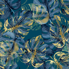 Watercolor seamless pattern with navy blue and golden tropical leaves on a dark green background, monstera, hand-drawn.