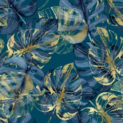Papier Peint photo autocollant Or bleu Motif harmonieux d& 39 aquarelle avec des feuilles tropicales bleu marine et dorées sur fond vert foncé, monstère, dessinées à la main.