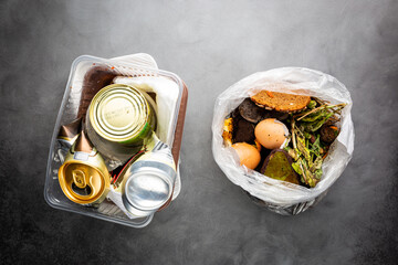 Organic food wastes in a bucket, shot from above. Zero waste, recycle, waste sorting concept - top...
