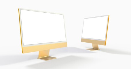 Computer display mock up with blank white screen. Stylish desktop computer mockup 3D