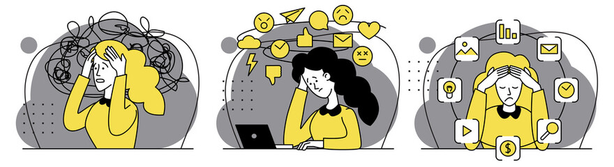 Business woman with emotional disorder, anxiety, frustration, mental disorder. Stress at work. Loading hard work. Emotional burnout. Businesswoman with a nervous problem. Set of vector flat style