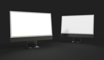 Computer display mock up with blank white screen. Stylish desktop computer mockup 3D