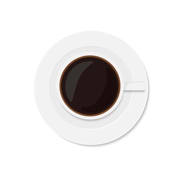 Coffee cup with saucer top view. Vector flat clipart in minimalist style for coffee company, cafe. Banner, poster Template for coffee shop or restaurant. Hot drink in cup. White coffee utensils