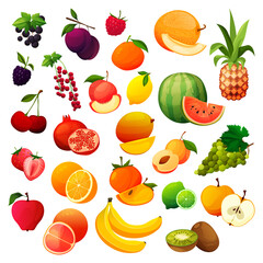 Fruits and berries set, vector flat icons